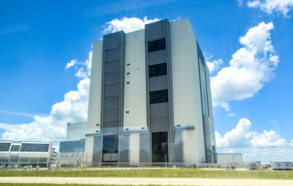 The Vertical Assembly Building where the Saturn V rockets that took people to the moon were put together. What you're looking at towers well over 150 meters above you. It's big. Photographs do it no justice at all, but we try anyway. 